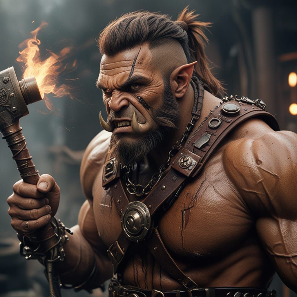 Steampunk Half-Orc Barbarian with Mechanical Axe