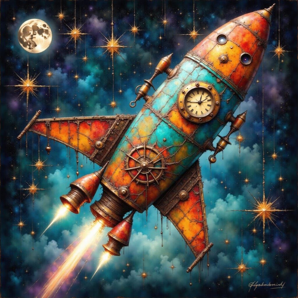 Steampunk Rocket Ship Soars Through the Night Sky Under a Gl...