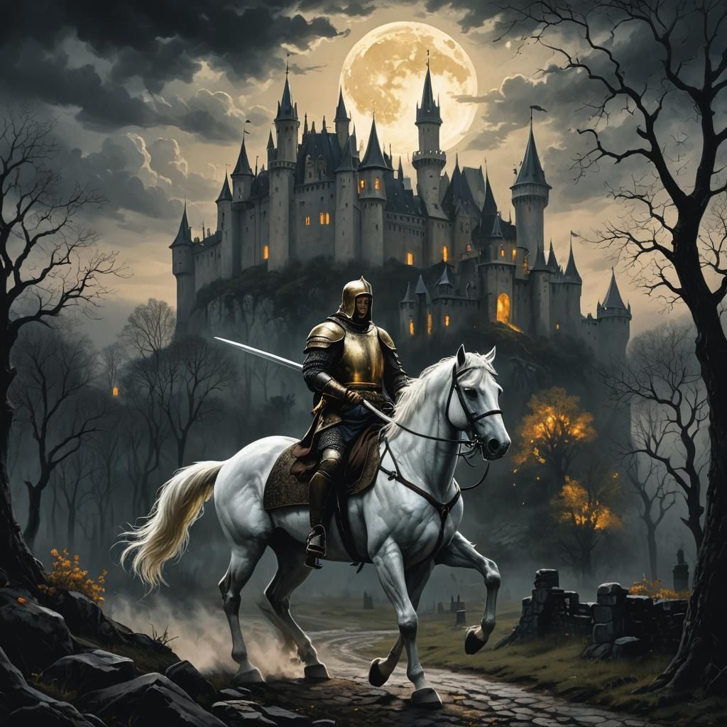 Medieval Knight Rides to Castle in Dark Fantasy Style