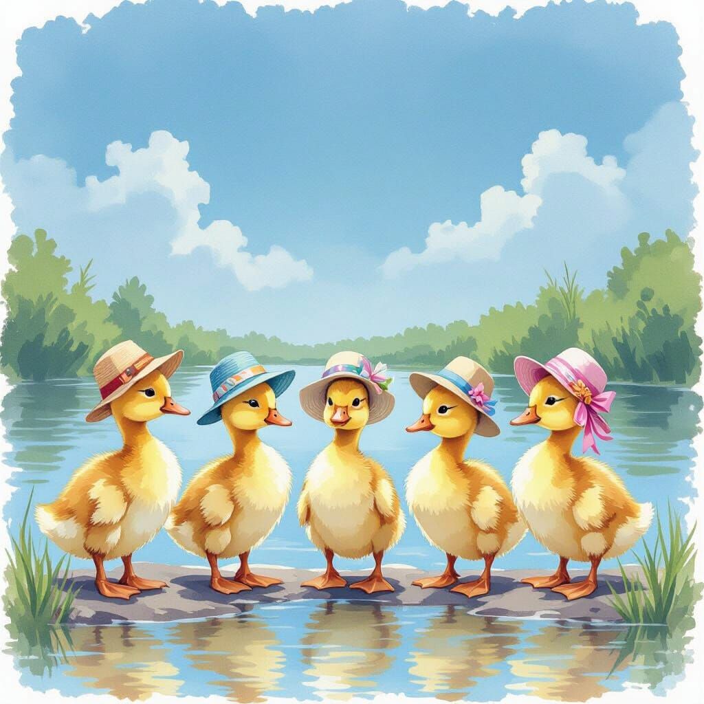 Adorable Goslings in Hats by River in Watercolor Style