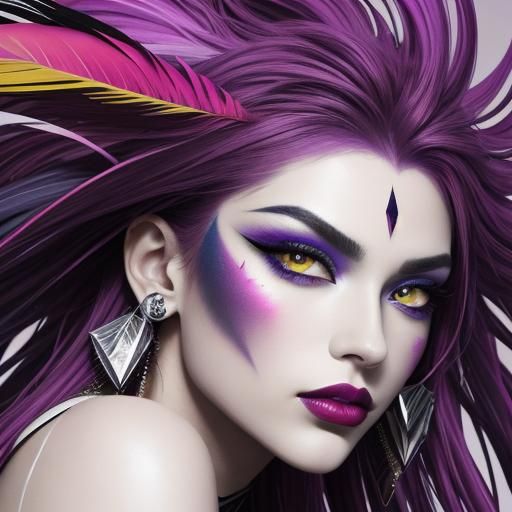 Abstract Portrait: Woman with Feathers and Silver Eyes