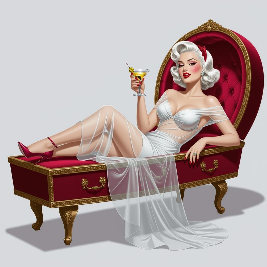 Ghostly Pin-Up Woman in Velvet Coffin