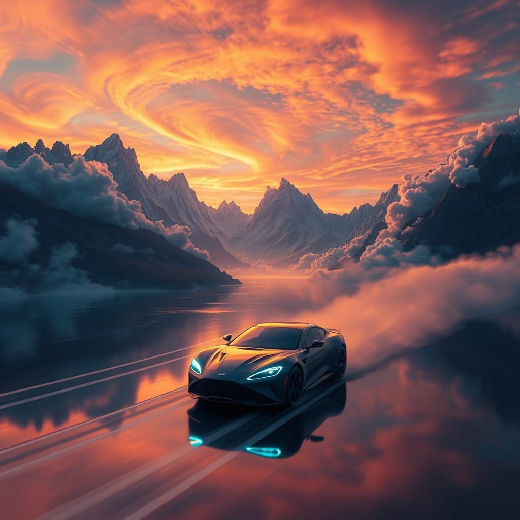 Sunset Glass Car Speeds Through Surreal Landscape