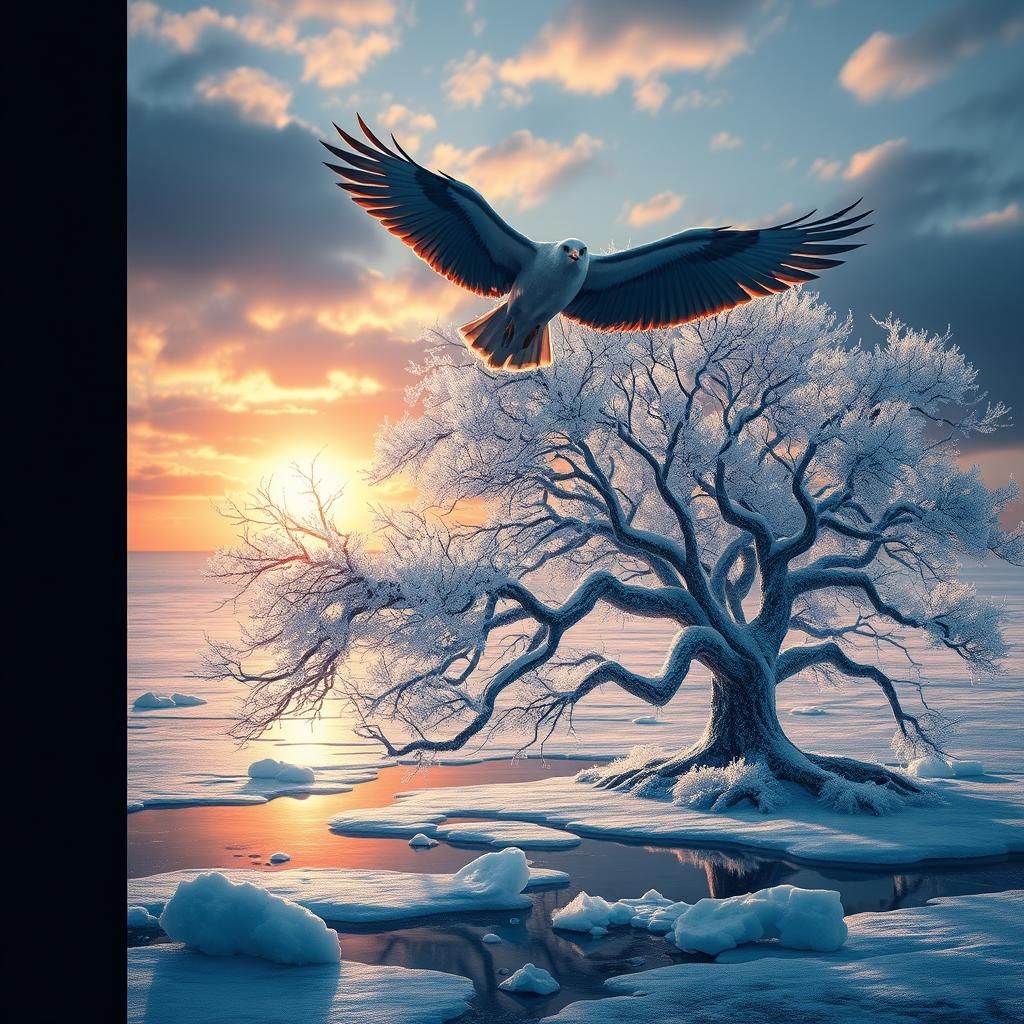 Majestic Bird Soaring Over Icy Landscape