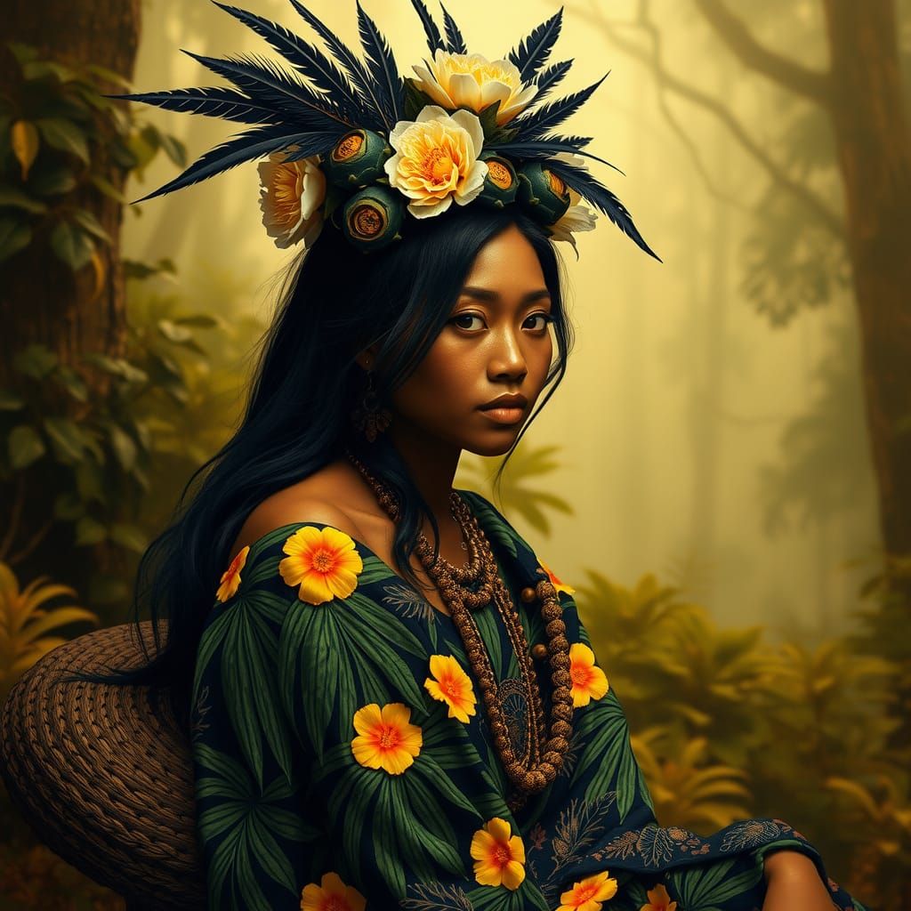 Indigenous Woman with Floral Adornments, Symbolic Painting