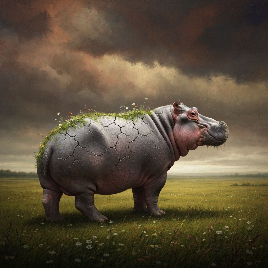 Hippopotamus Amidst Wildflowers Under Turbulent Sky