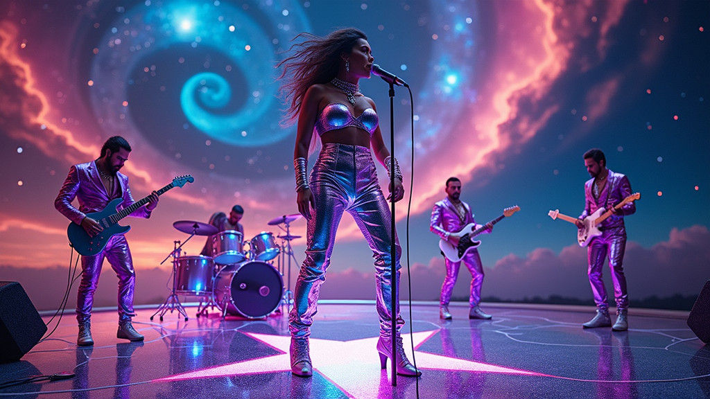 Glam Rock Band's Celestial Performance in Cosmic Futurism