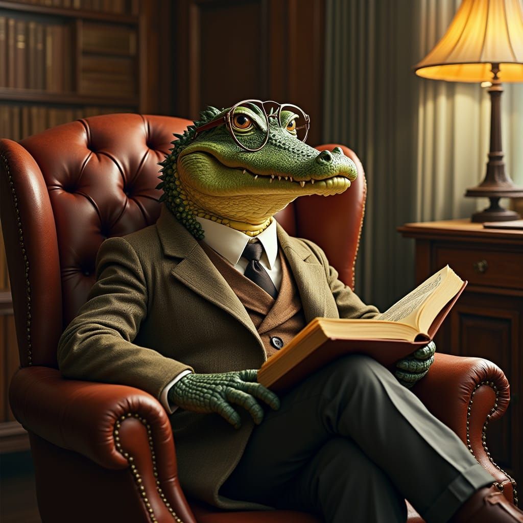 Alligator in Tweed Suit Reading a Book