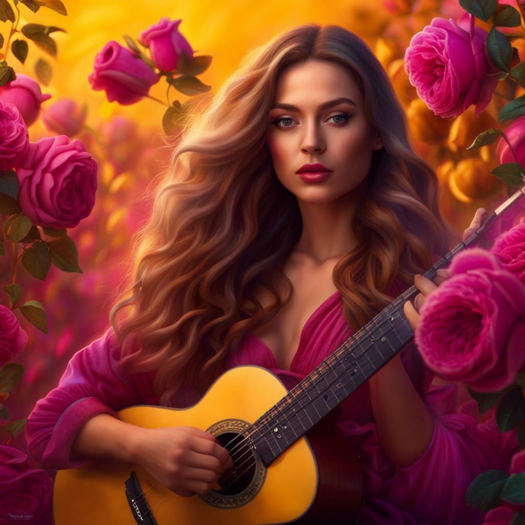 Young Singer with Guitar Among Roses, Detailed Painting
