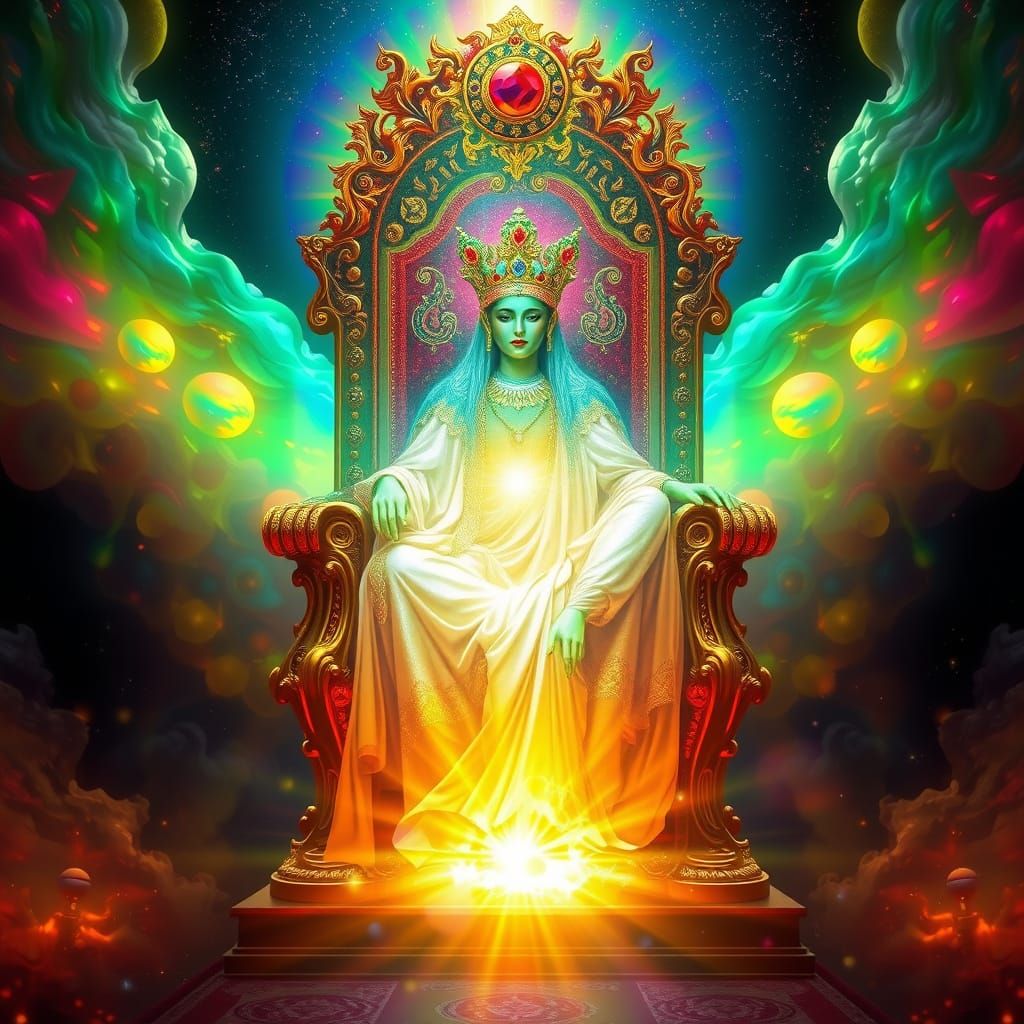 Regal Figure in Jasper and Ruby, Surrounded by Emerald Rainb...