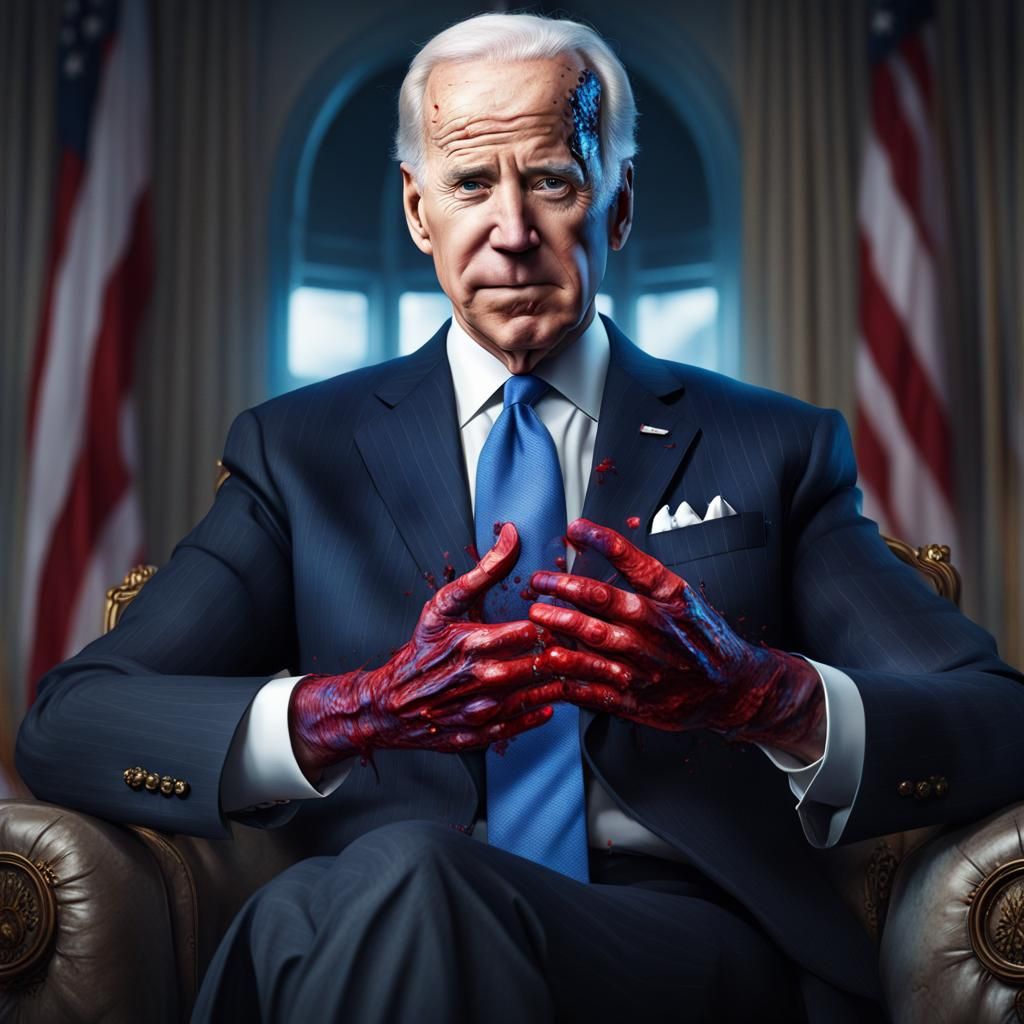 Villain politician with deceitful teeth, bloody hands so sti...