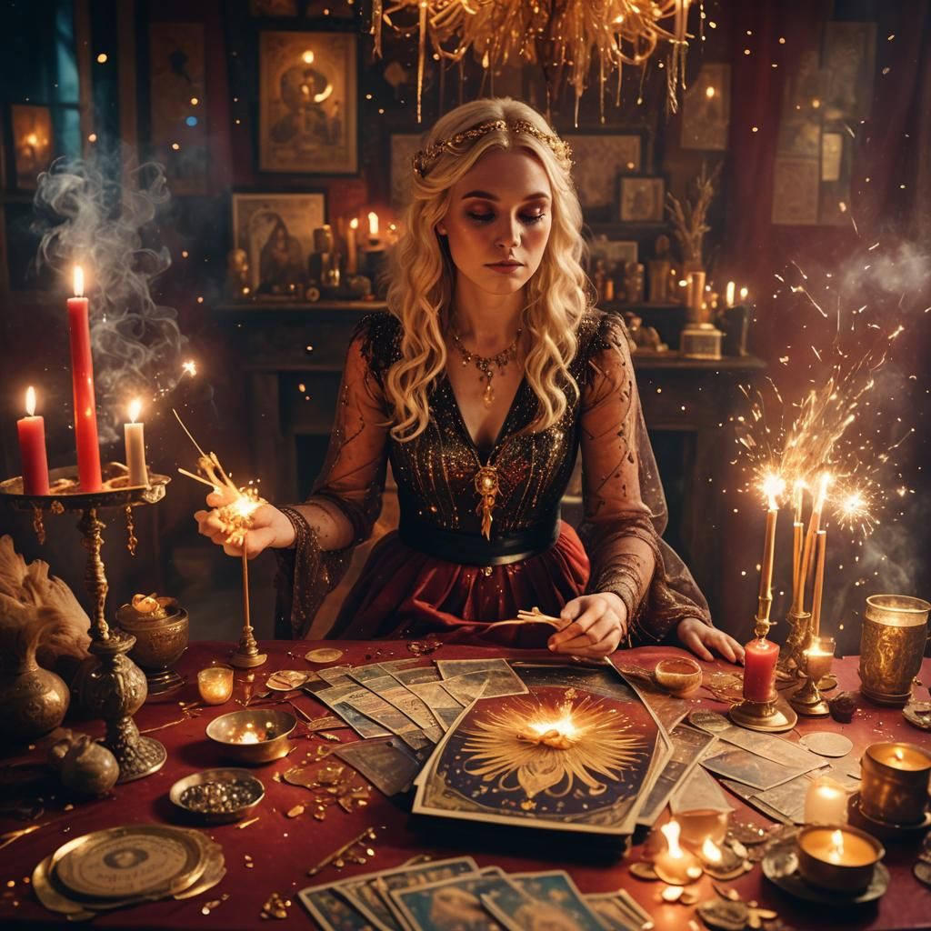 Mystical Tarot Reader Celebration in Golden Hour Lighting