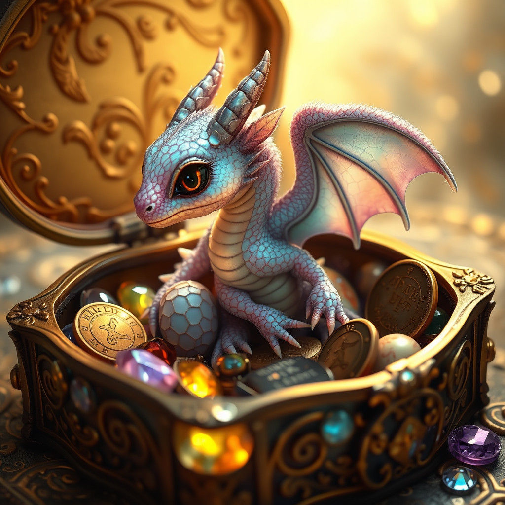 Opalescent Baby Dragon in Jeweled Treasure Box