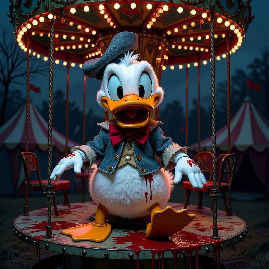 Creepy Donald Duck on Broken Circus Carousel