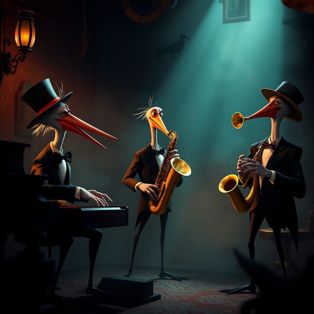 A 3d rendered Pixar style image of a Stork Ragtime band in a speakeasy. The stork with a top hat is playing the piano. A...