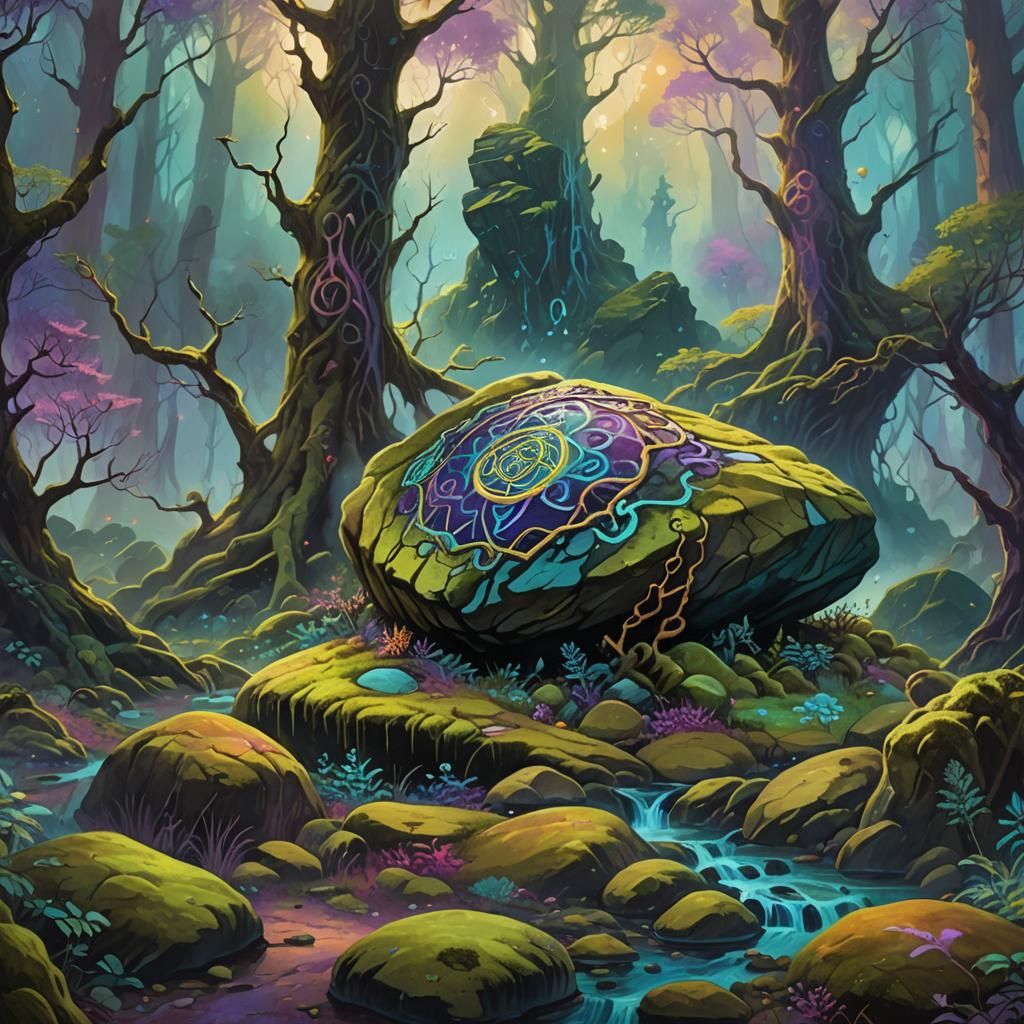 Mystical Rock in Otherworldly Forest: Fantasy Concept Art