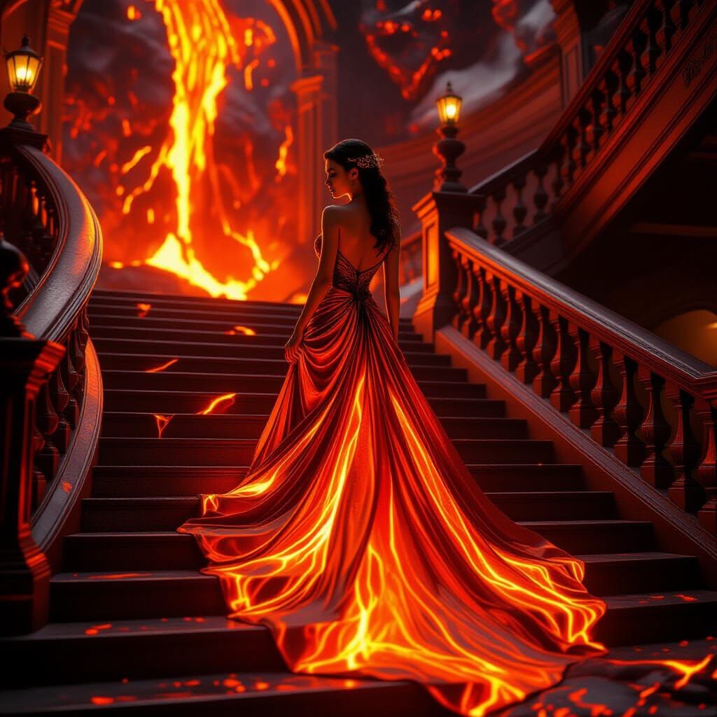 Woman in Lava Gown on Grand Staircase