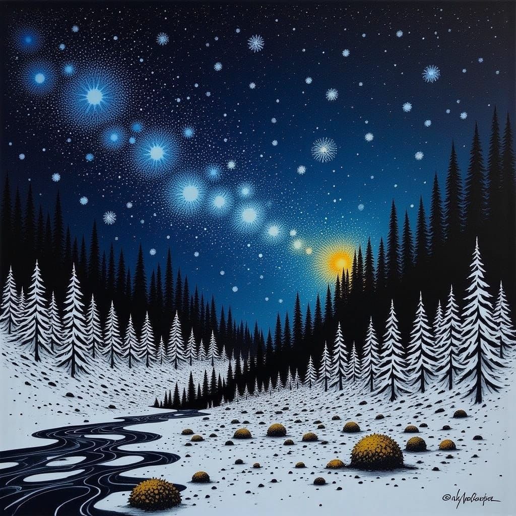 Surreal Starry Night Sky in the Mountains with Snowflakes