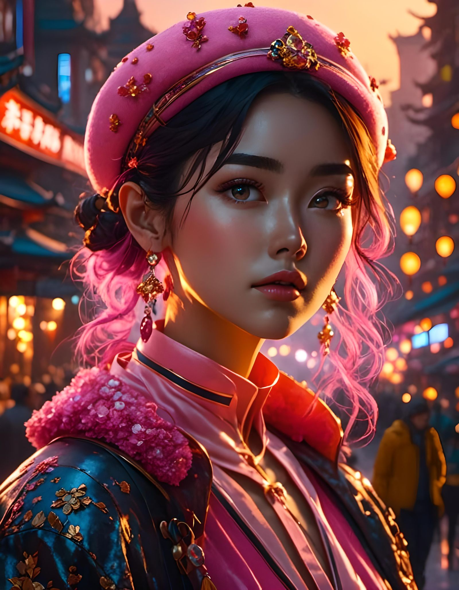 Freckled Woman Portrait at City Sunrise in Anime-Realism