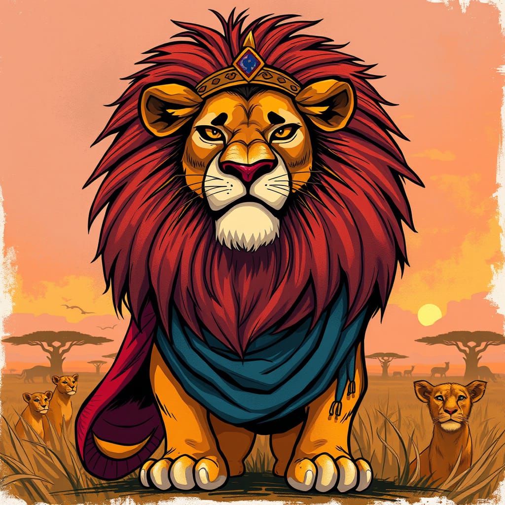 Majestic Lion Cub Simba in African Savannah Illustration
