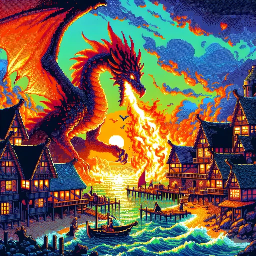 Fiery Wyvern Assault on Seaside Village in Pixel Art