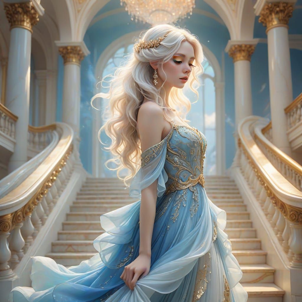 Ethereal Fairy Descends Grand Staircase in Soft Focus