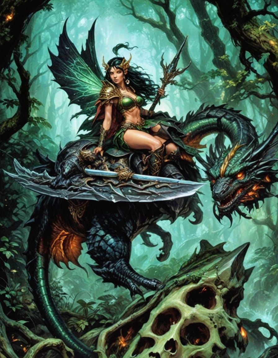 Forest Pixie Warrior Riding Dark Wyvern, Fantasy Art