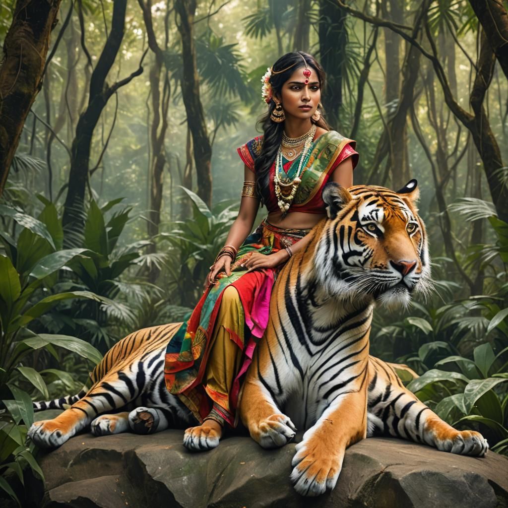 Indian Woman on Bengal Tiger in Tropical Forest