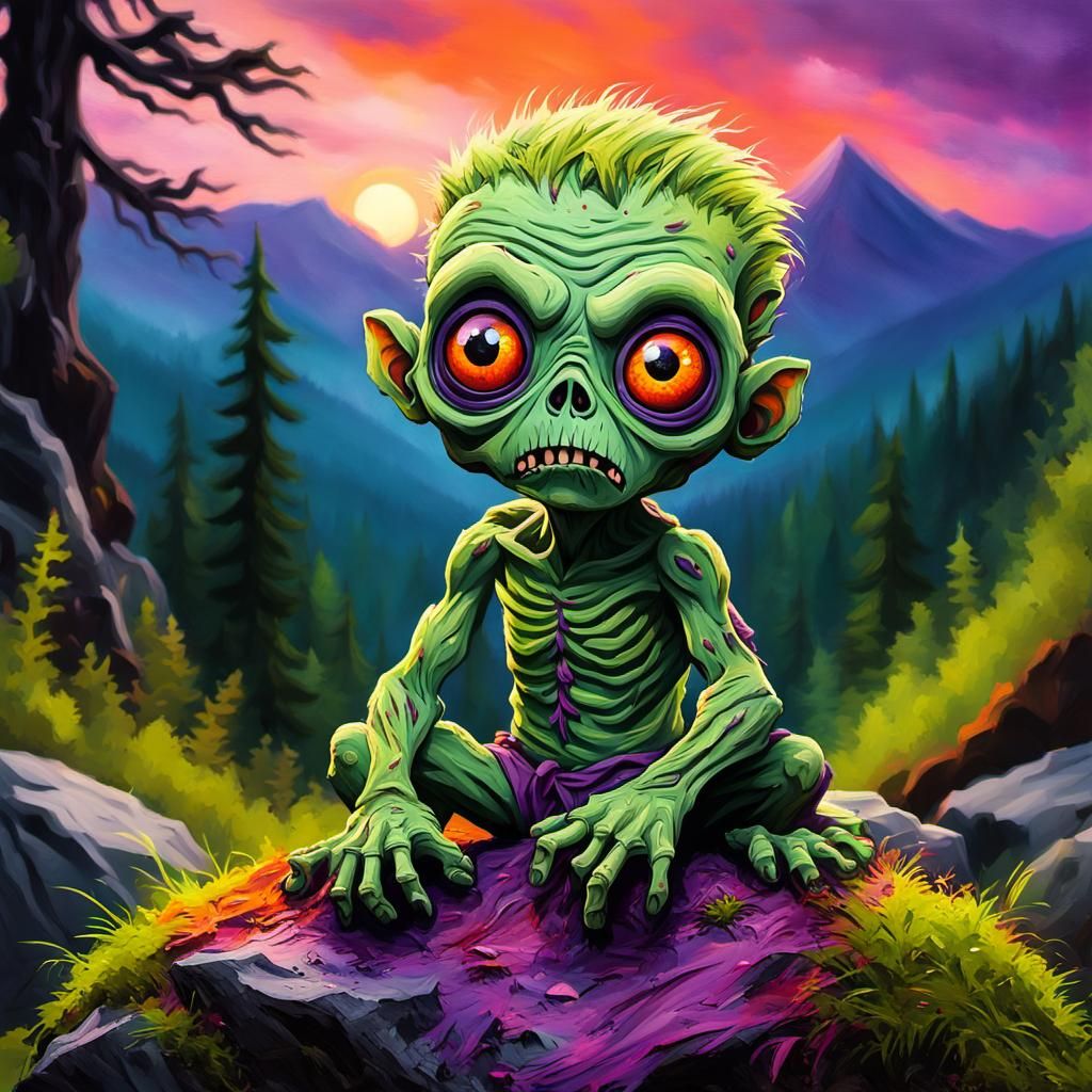 Cute Green Zombie in Expressionist Impasto Landscape
