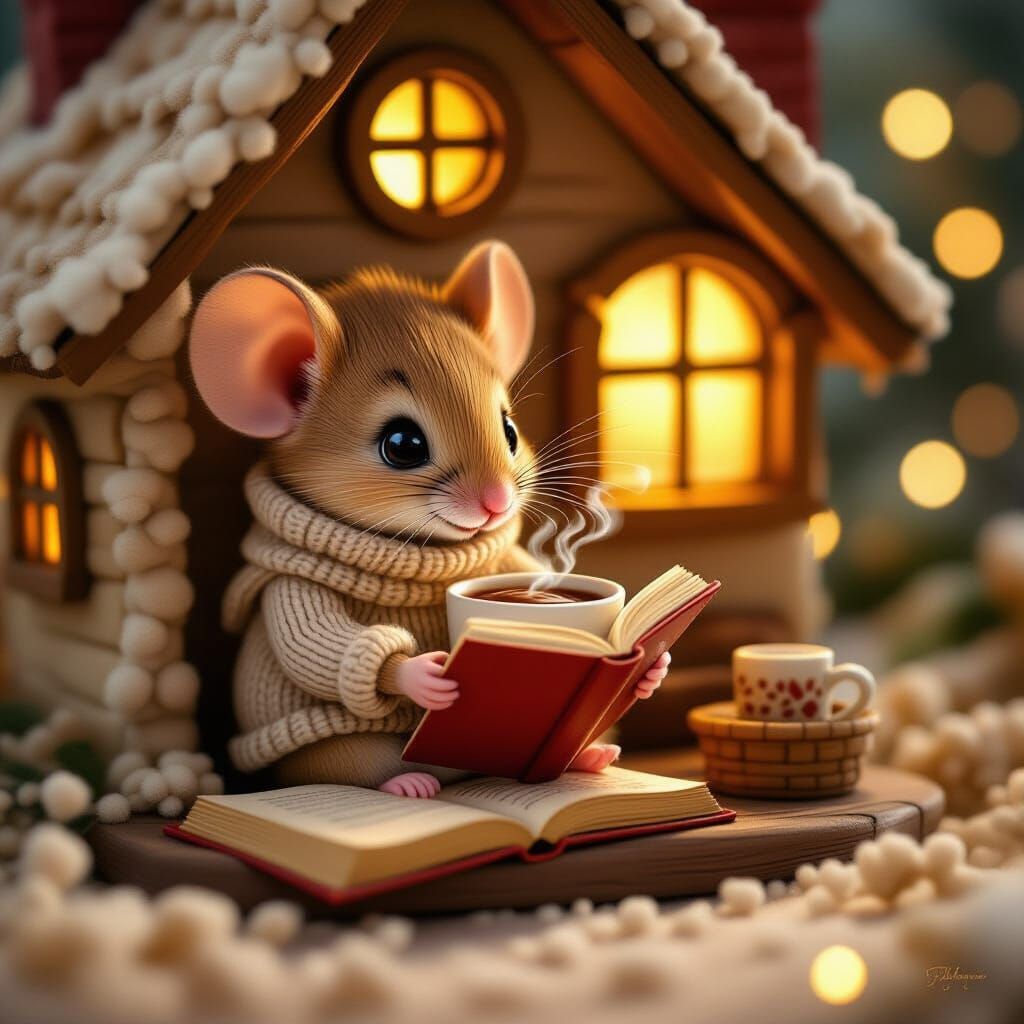 Adorable Mouse Enjoys Hot Cocoa in Cozy Storybook Home