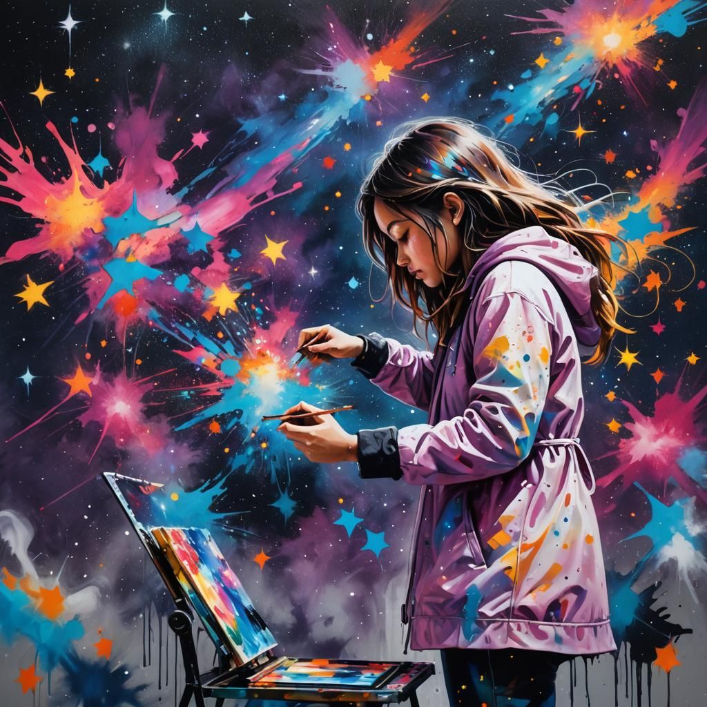 Girl Paints Starry Sky in Graffiti Art Style