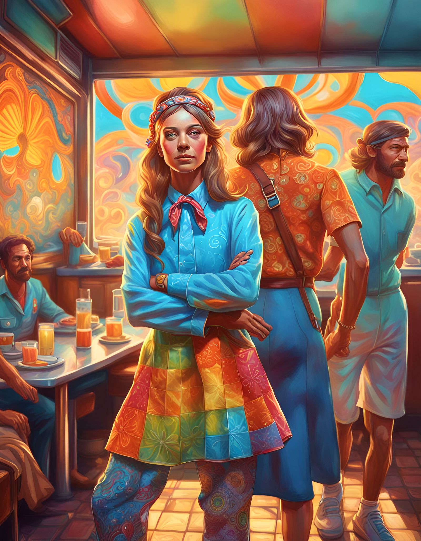 Psychedelic Hippy Diner Waitress Portrait in 8k
