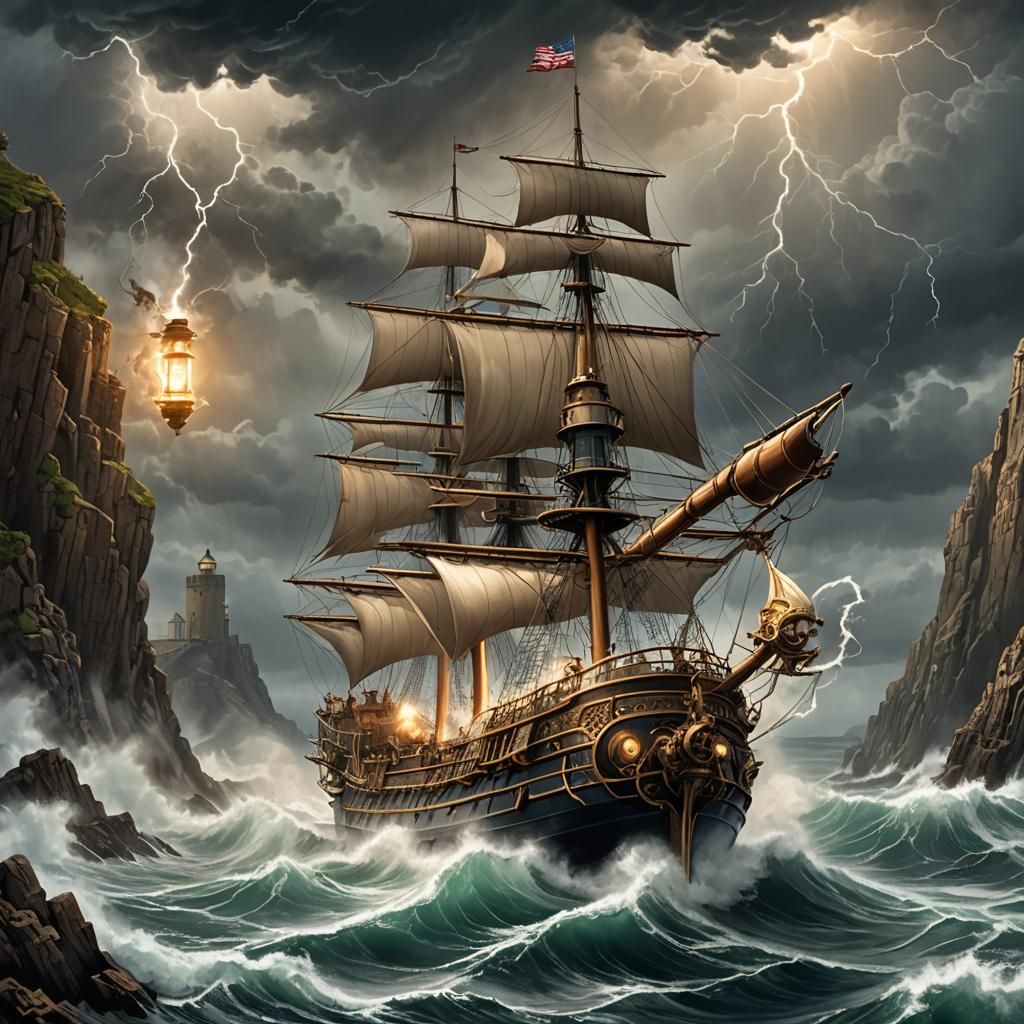Steampunk Sailing Ship Battles Stormy Seas