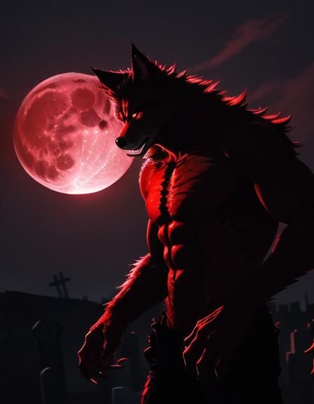a man transforming into a werewolf under a giant red moonlight. Your skin is tearing. your eye are glowing red, its claw...