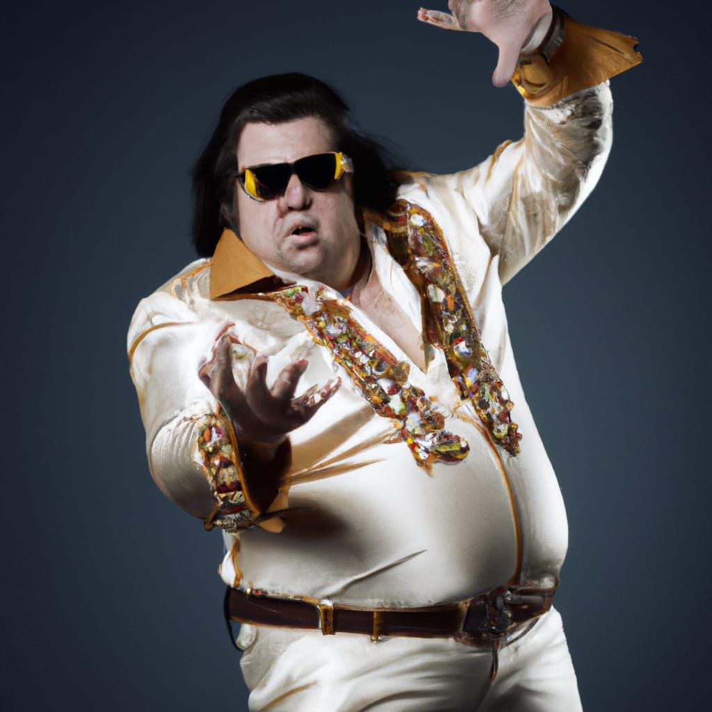 Fat Elvis Waving Guns in Gold Suit