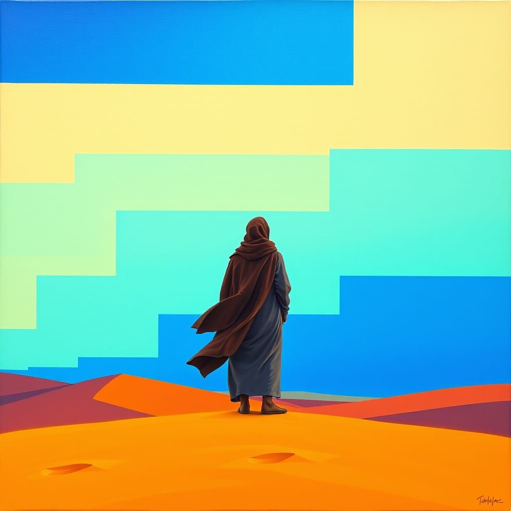 Lone Figure in Neon Desert Landscape