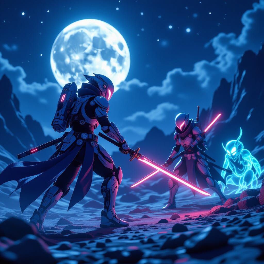 Demon Hunters Battle Creatures on Moon in 3D Anime Style