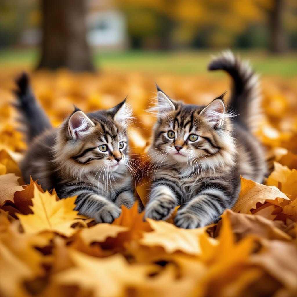 Kittens Playing in Autumn Leaves