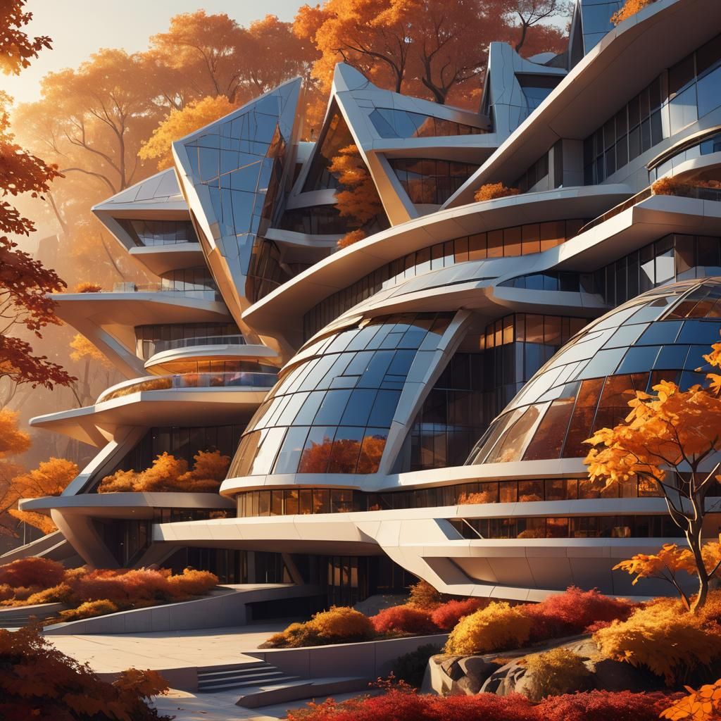 Futuristic Geometric Hospital in Autumn Landscape