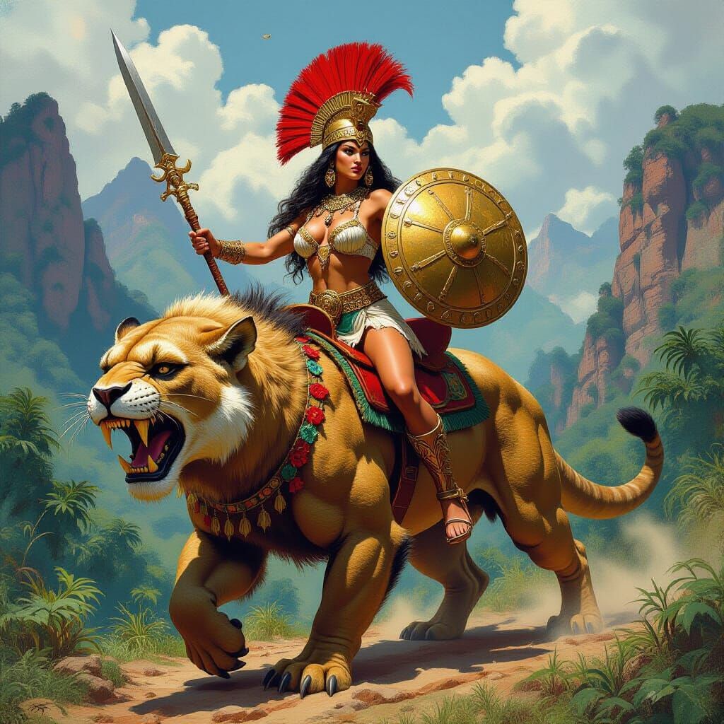 Aztec Warrior Woman Riding a Sabertooth Tiger