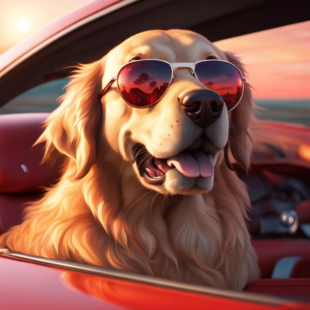Golden Retriever Driving Ferrari at Sunset