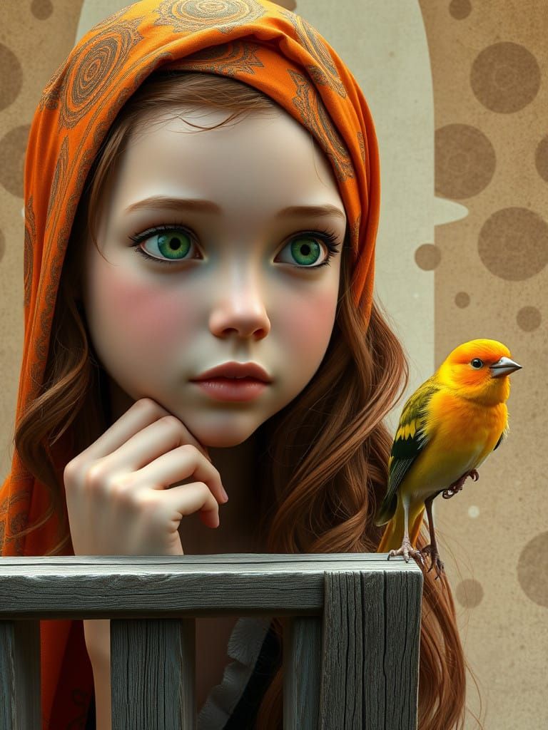 Thoughtful Young Girl with Emerald Eyes and Vibrant Headscar...