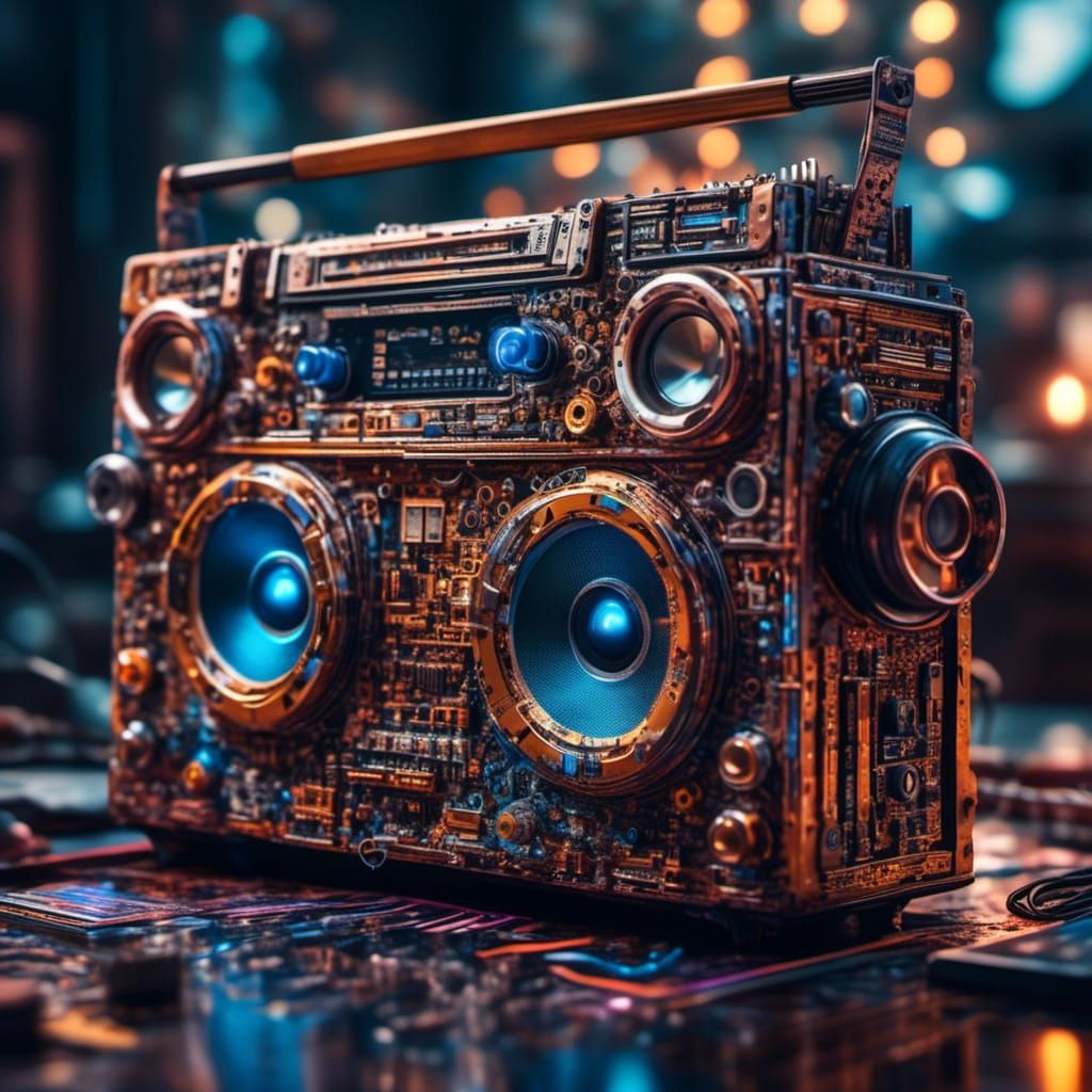 Cybernetic Boombox with Alien Tech, Hyperrealistic Photo