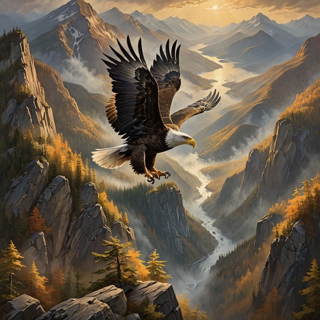 Eagle Soaring Over Mountain in Oil Painting Style