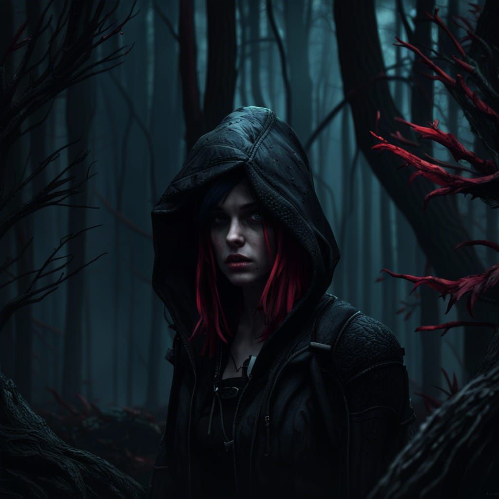 Punk Girl's Noir Encounter with Wendigo in Dark Woods