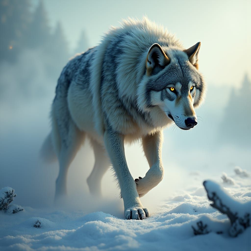 Battle-Scarred Wolf Walks Snowy Sky in Fantasy Art