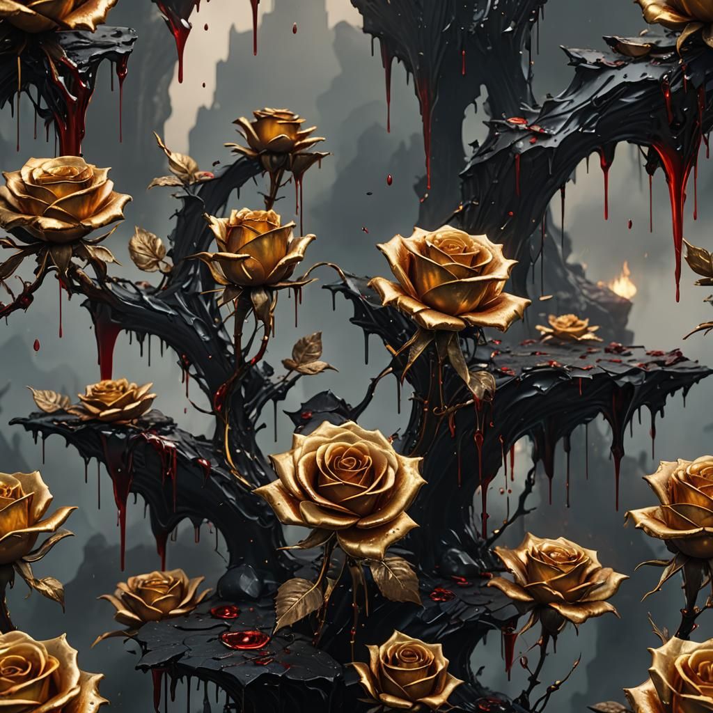 Golden Rose Dripping Blood Turning to Obsidian