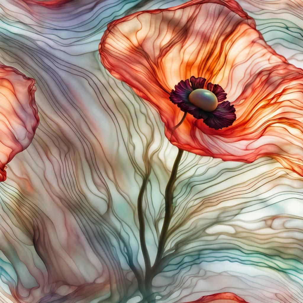 Opalescent Poppies on Silk in Dreamlike Style