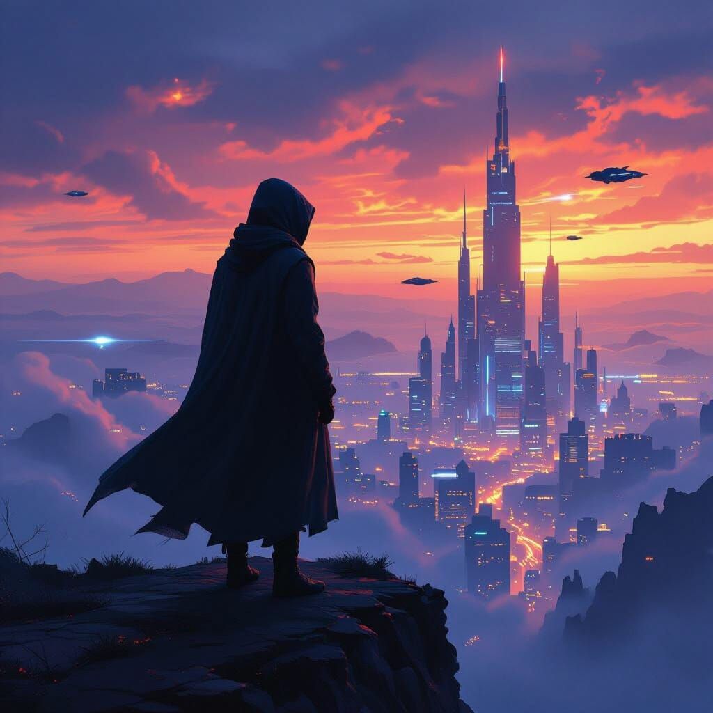 Twilight Over Neon Cityscape: A Futuristic Vision