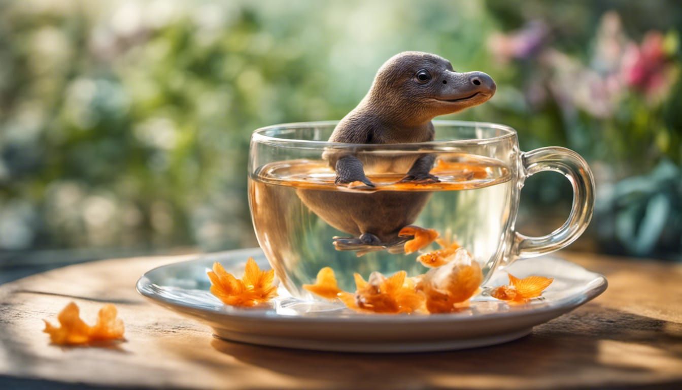 Baby platypus swimming in a transparent teacup.